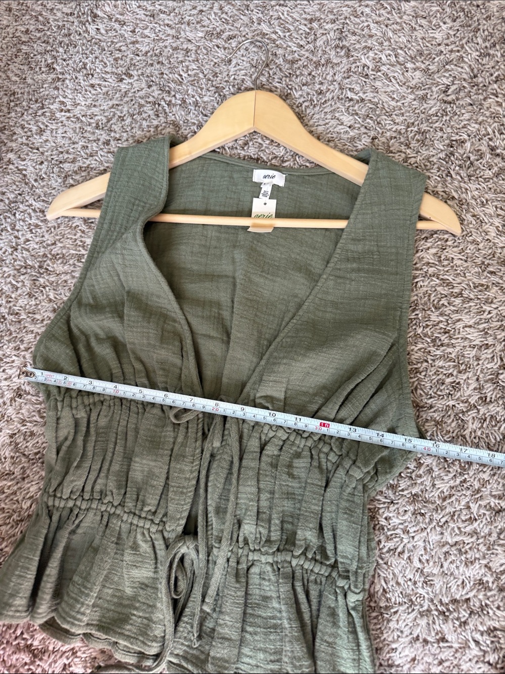 Aerie Sleeveless Drawstring Tank Top Gauze Cotton Cottagecore Olive Green Medium - Picture 8 of 10